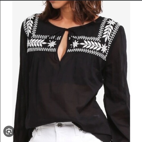 J. Crew Boho Popover Embroidered Semolina Indian Voile Black Peplum Sleeve Top - Picture 3 of 10